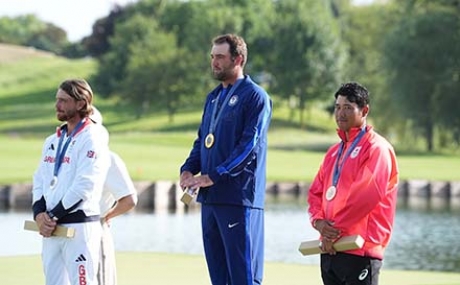 Da sinistra Fleetwood, Scheffler, Matsuyama (Credit Federgolf - Scaccini)